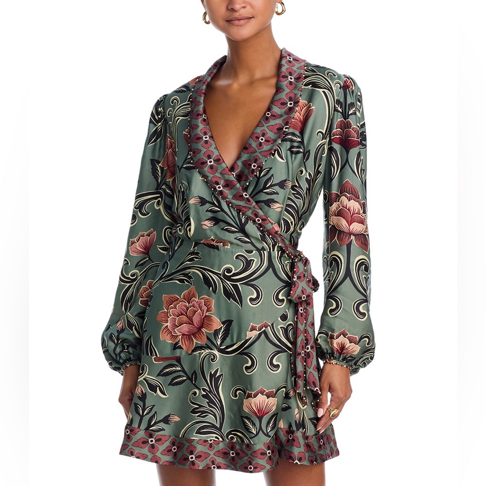 FARM Rio Arabesque Floral Green Long Sleeve Mini Dress